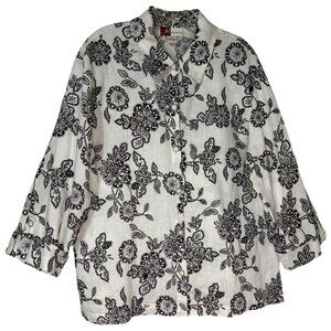 JM Collection Brown & White‎ Floral Button-Down Linen Shirt Women's Size 14